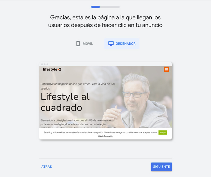 Web de destino en Google Ads